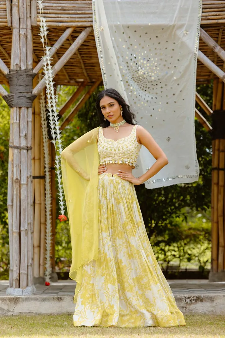 Yellow Viscose Georgette Digital Printed Gathered Lehenga Set