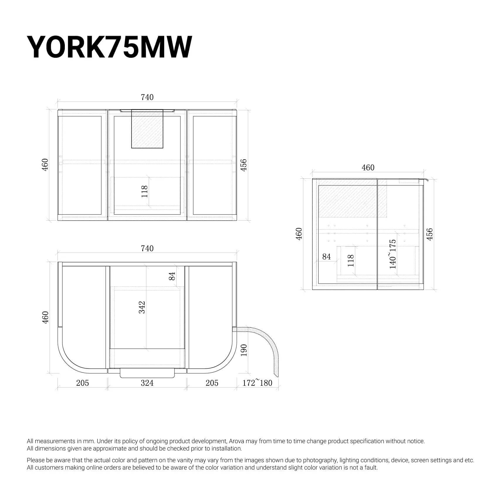 York 750mm Curved Wall Hung Vanity Matte White   Luxe Stone Top